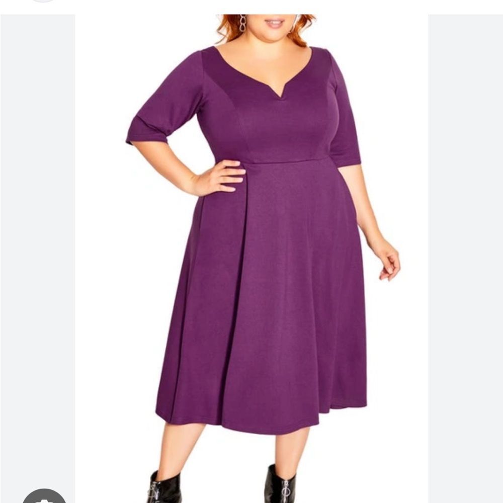 City Chic ‘Cute Girl’ elbow sleeve v-neck midi dress in plum purple NWT size 14